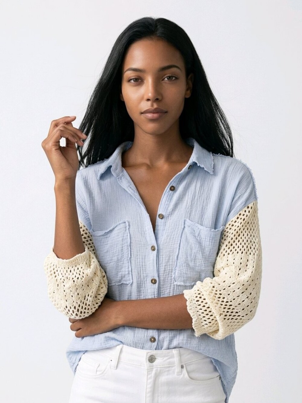 POL Boho Baby Blue Gauze Button-Front With Cream Knit Sleeves
